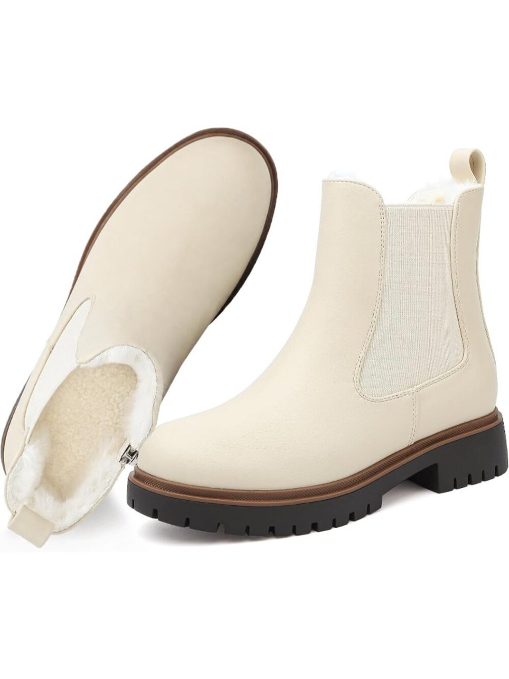 Women's Beige Waterproof Fur Lined Platform Chelsea Boots Round Toe Lug Outsole